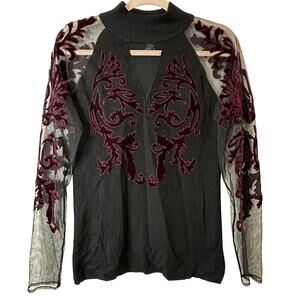 Lg INC Velvet Burnout Sheer Sleeve Sweater Top Black Burgundy Whimsigoth Witchy